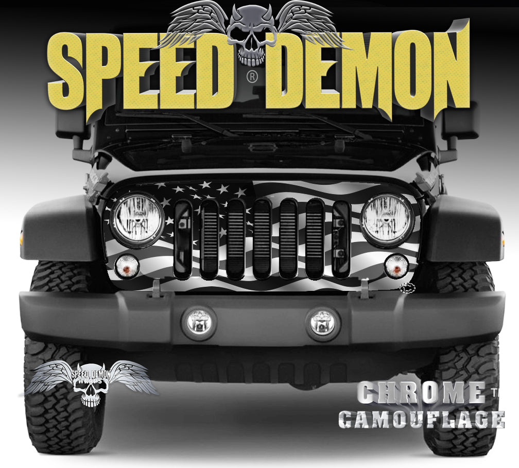 2007-2018 Jeep Grill Wraps Wavy American Flag SUBDUED B&W Black and White JK