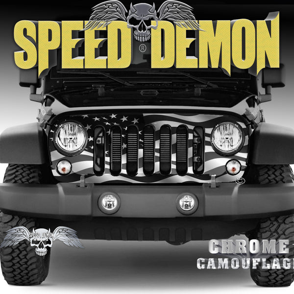 2007-2018 Jeep Grill Wraps Wavy American Flag SUBDUED B&W Black and White JK