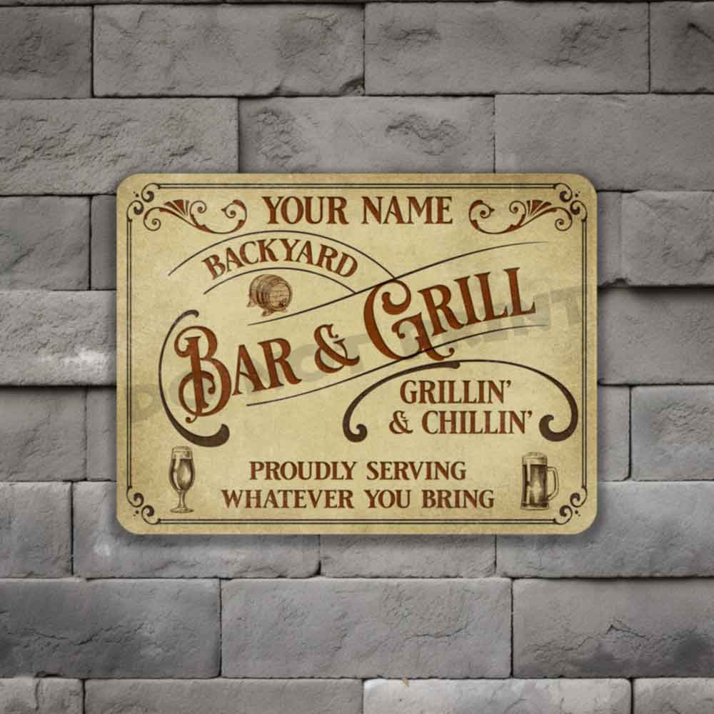 Personalized Backyard Bar and Grill Parchment Metal Sign - Vintage Pub Sign Classic Wall Art Metal Sign 12" x 9”