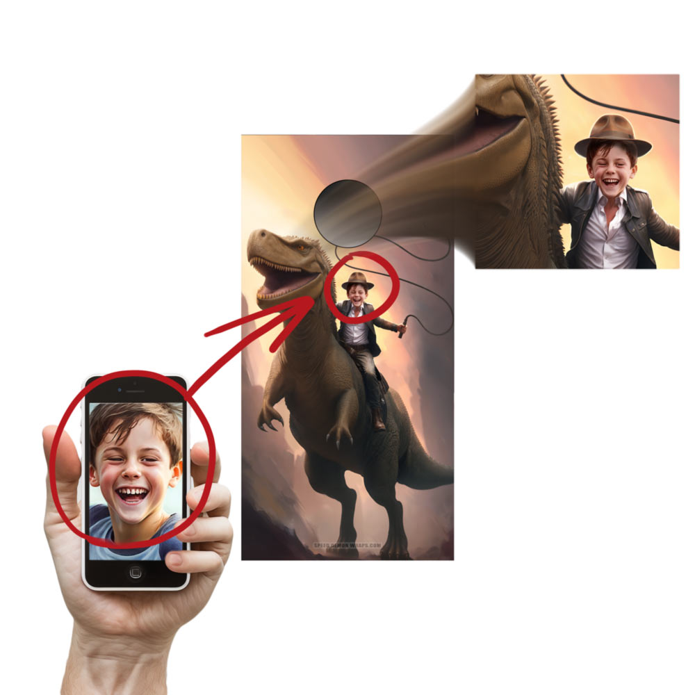 Personalized Cornhole Wrap - Child Riding a T-Rex Dinosaur, Custom Portrait From Photo