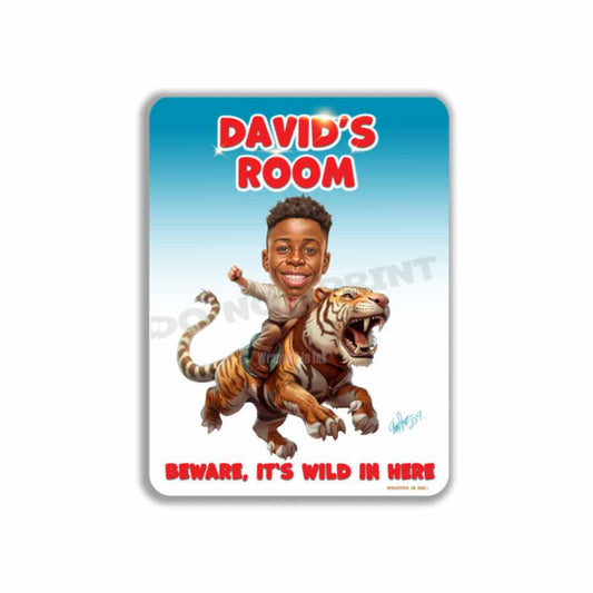 Child Riding Tiger Caricature Metal Sign Portrait from Photo 12" x 9”