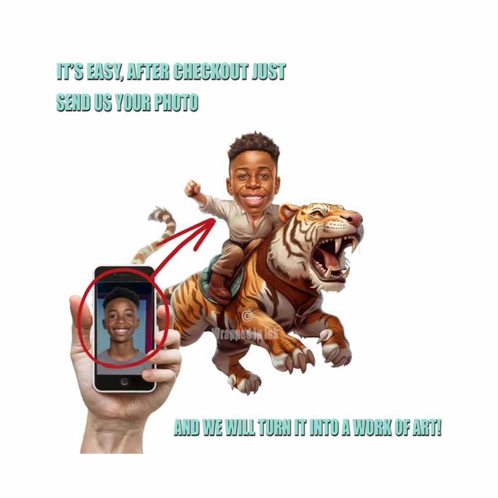 Boy Riding a Tiger Portrait From Photo Caricature Wall Murals