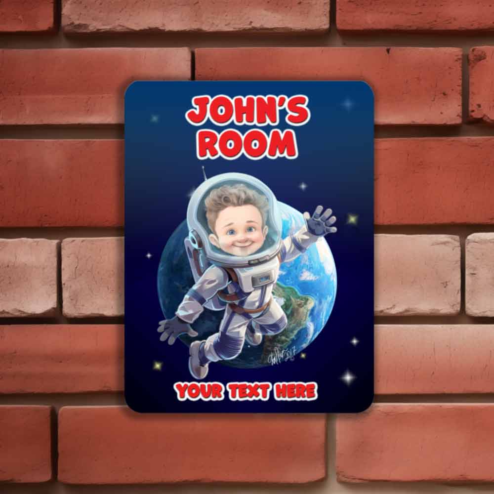 Child Astronaut in Space Caricature Metal Sign Portrait from Photo 12" x 9”