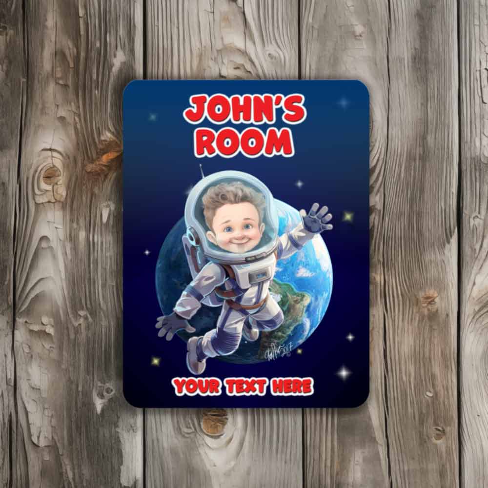 Child Astronaut in Space Caricature Metal Sign Portrait from Photo 12" x 9”