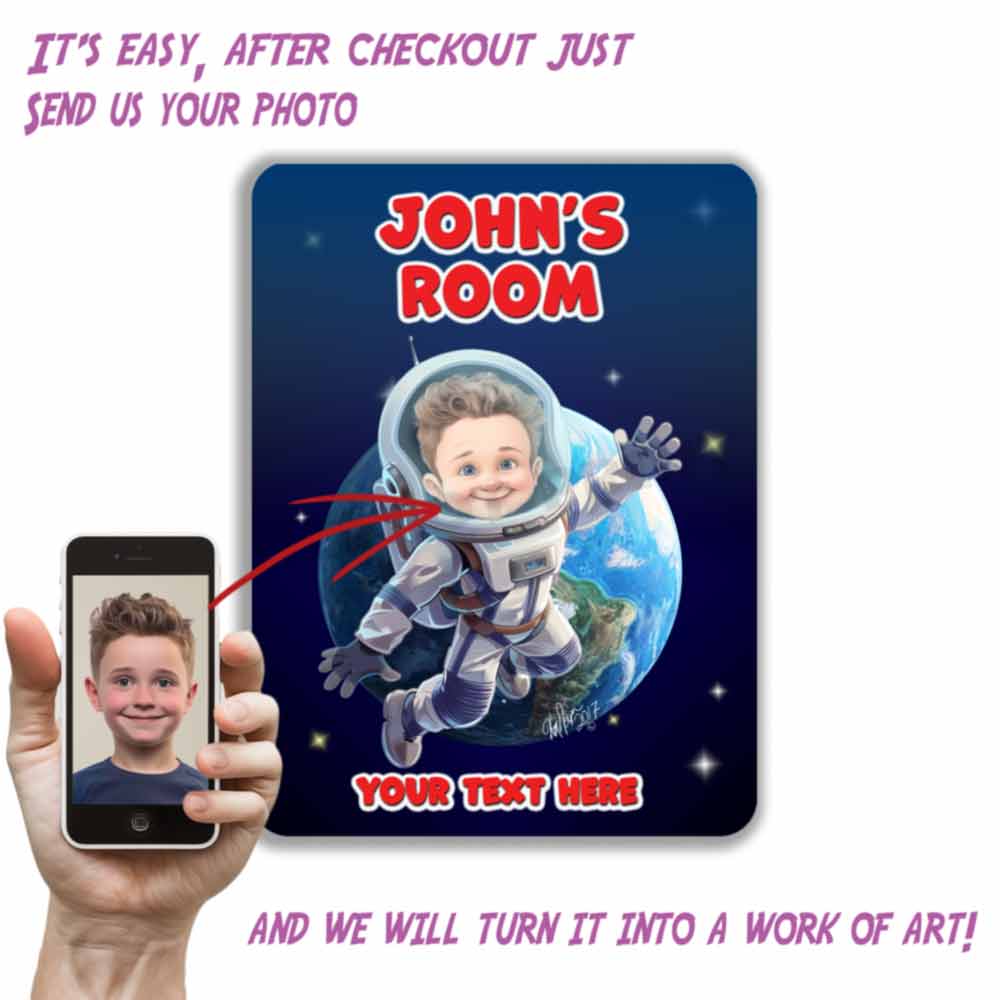 Child Astronaut in Space Caricature Metal Sign Portrait from Photo 12" x 9”