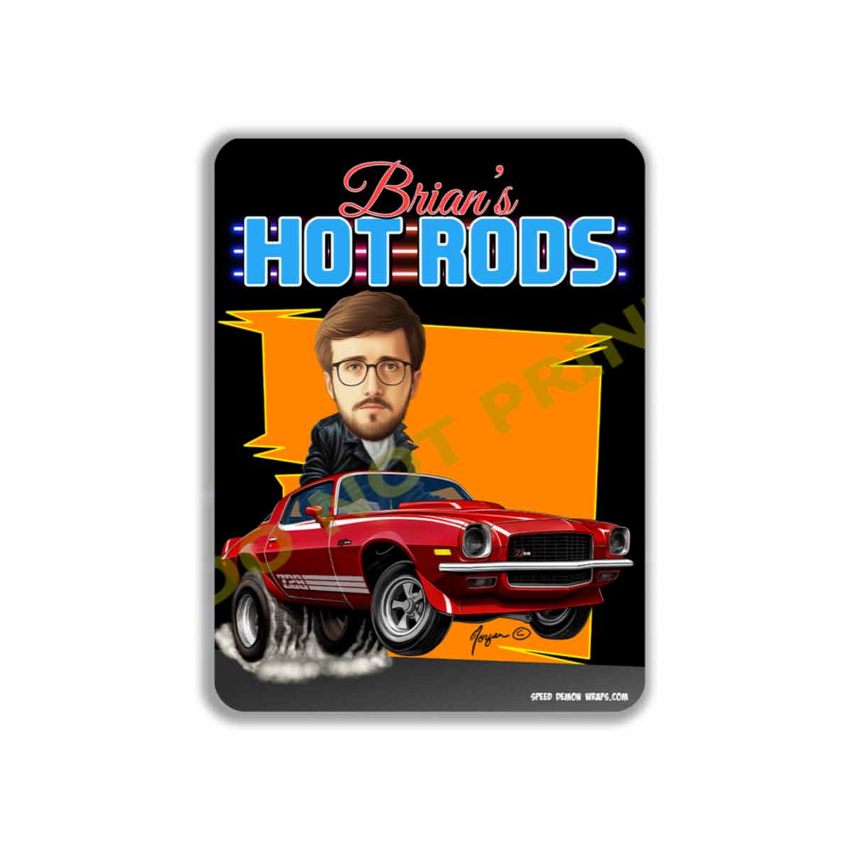 Z28 Camaro Hotrod Car Caricature Personalized Cartoon from Photo Mechanic Metal Sign