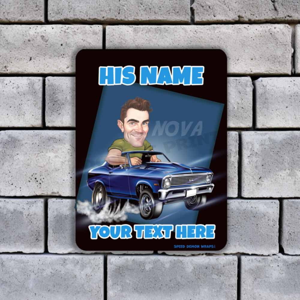 Chevy Nova Muscle Car Caricature Personalized Cartoon from Photo Mechanic Metal Sign