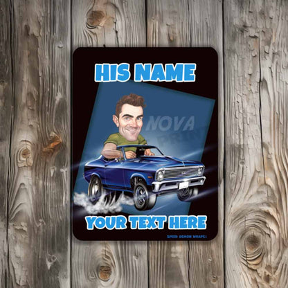 Chevy Nova Muscle Car Caricature Personalized Cartoon from Photo Mechanic Metal Sign