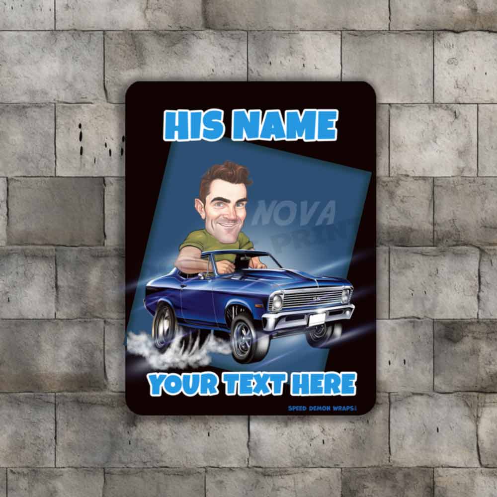 Chevy Nova Muscle Car Caricature Personalized Cartoon from Photo Mechanic Metal Sign