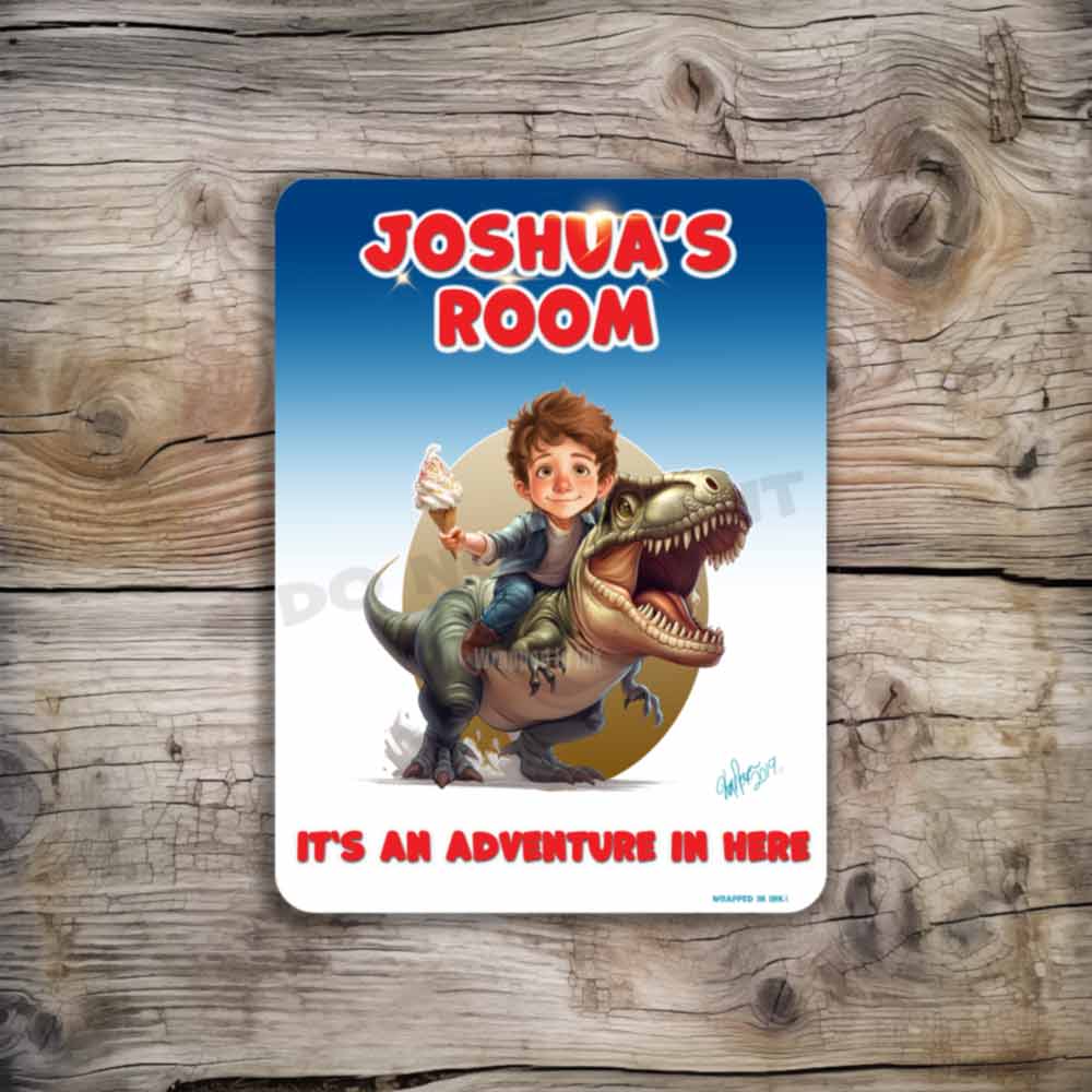 Girl Riding T-Rex Dinosaur Caricature Sign