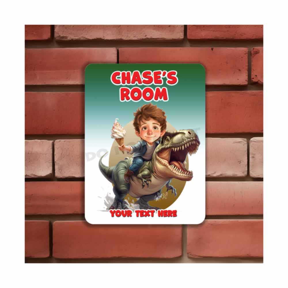 Child Riding A T Rex Caricature Metal Sign Portrait from Photo 12" x 9”