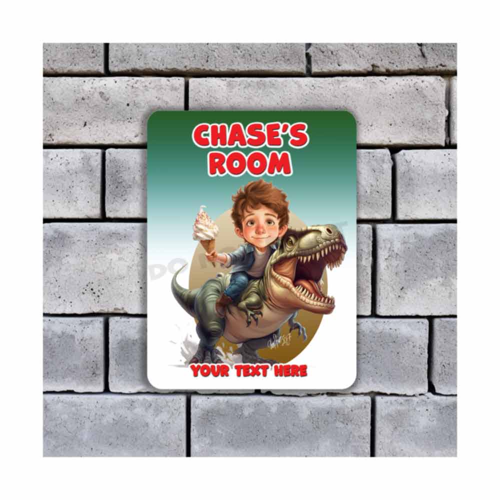 Child Riding A T Rex Caricature Metal Sign Portrait from Photo 12" x 9”