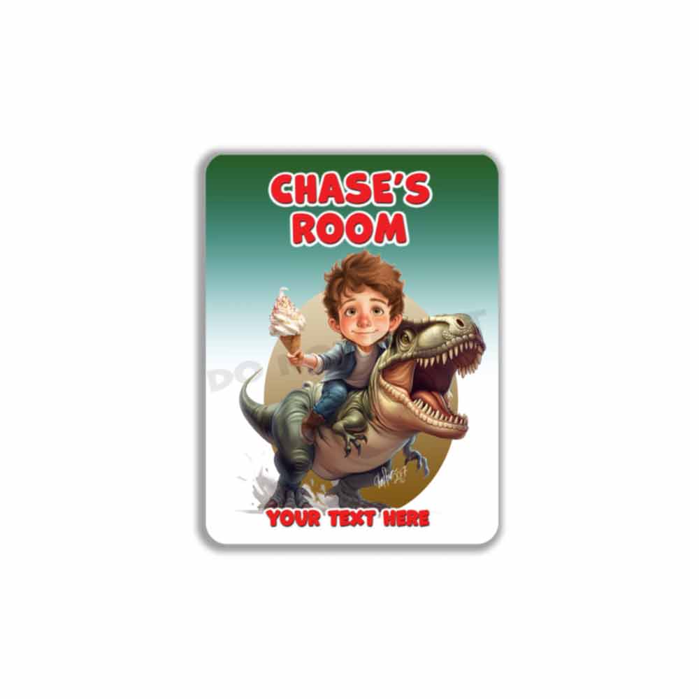 Child Riding A T Rex Caricature Metal Sign Portrait from Photo 12" x 9”