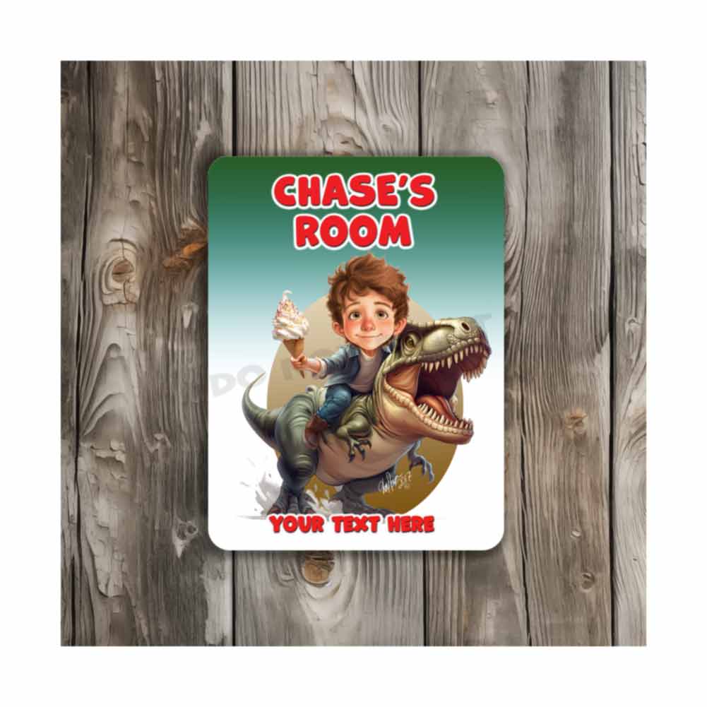 Child Riding A T Rex Caricature Metal Sign Portrait from Photo 12" x 9”