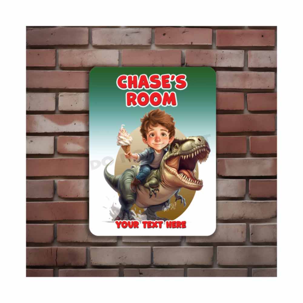 Child Riding A T Rex Caricature Metal Sign Portrait from Photo 12" x 9”