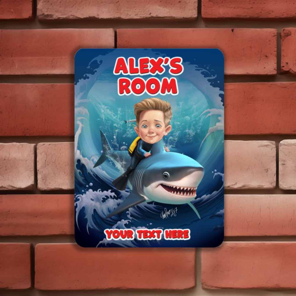 Child Riding A Shark Caricature Metal Sign Portrait from Photo 12" x 9”
