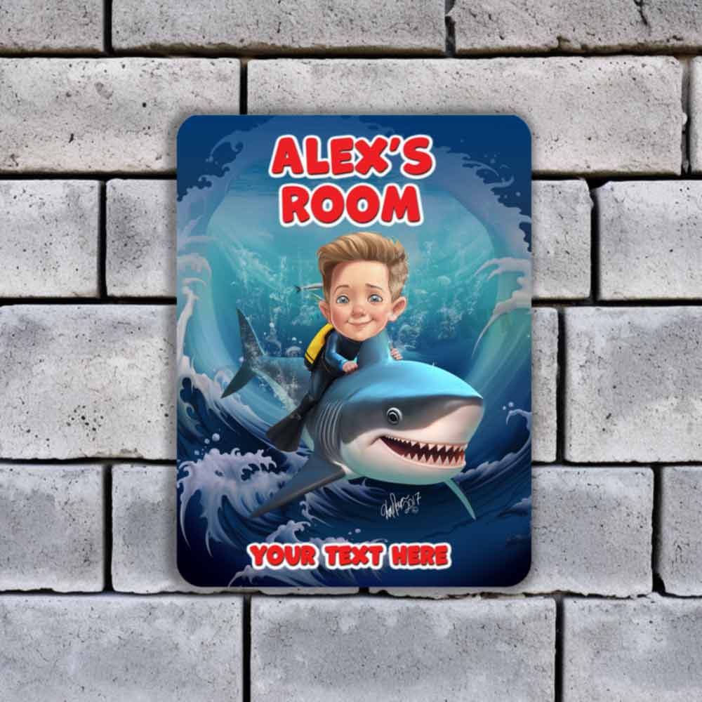 Child Riding A Shark Caricature Metal Sign Portrait from Photo 12" x 9”