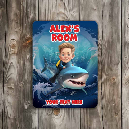 Child Riding A Shark Caricature Metal Sign Portrait from Photo 12" x 9”