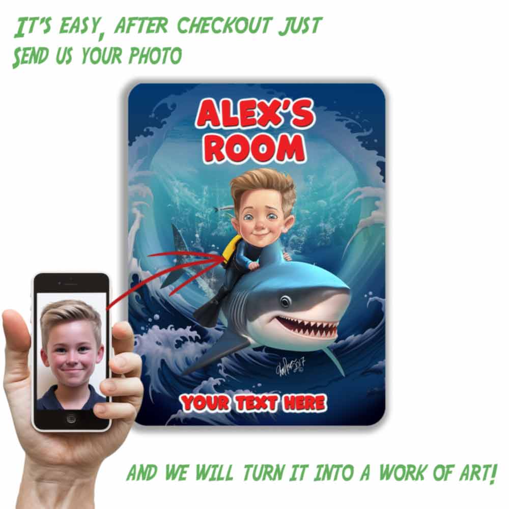 Child Riding A Shark Caricature Metal Sign Portrait from Photo 12" x 9”