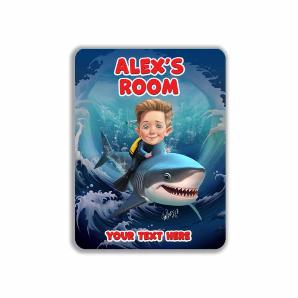 Child Riding A Shark Caricature Metal Sign Portrait from Photo 12" x 9”