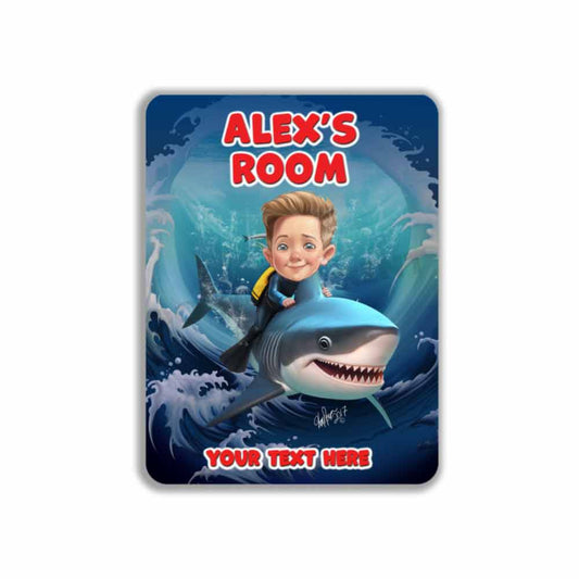 Child Riding A Shark Caricature Metal Sign Portrait from Photo 12" x 9”