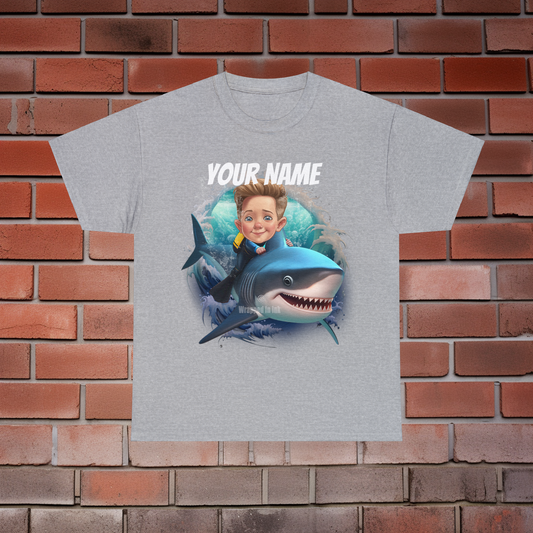 Child Riding a Shark Caricature T-Shirt from Photo