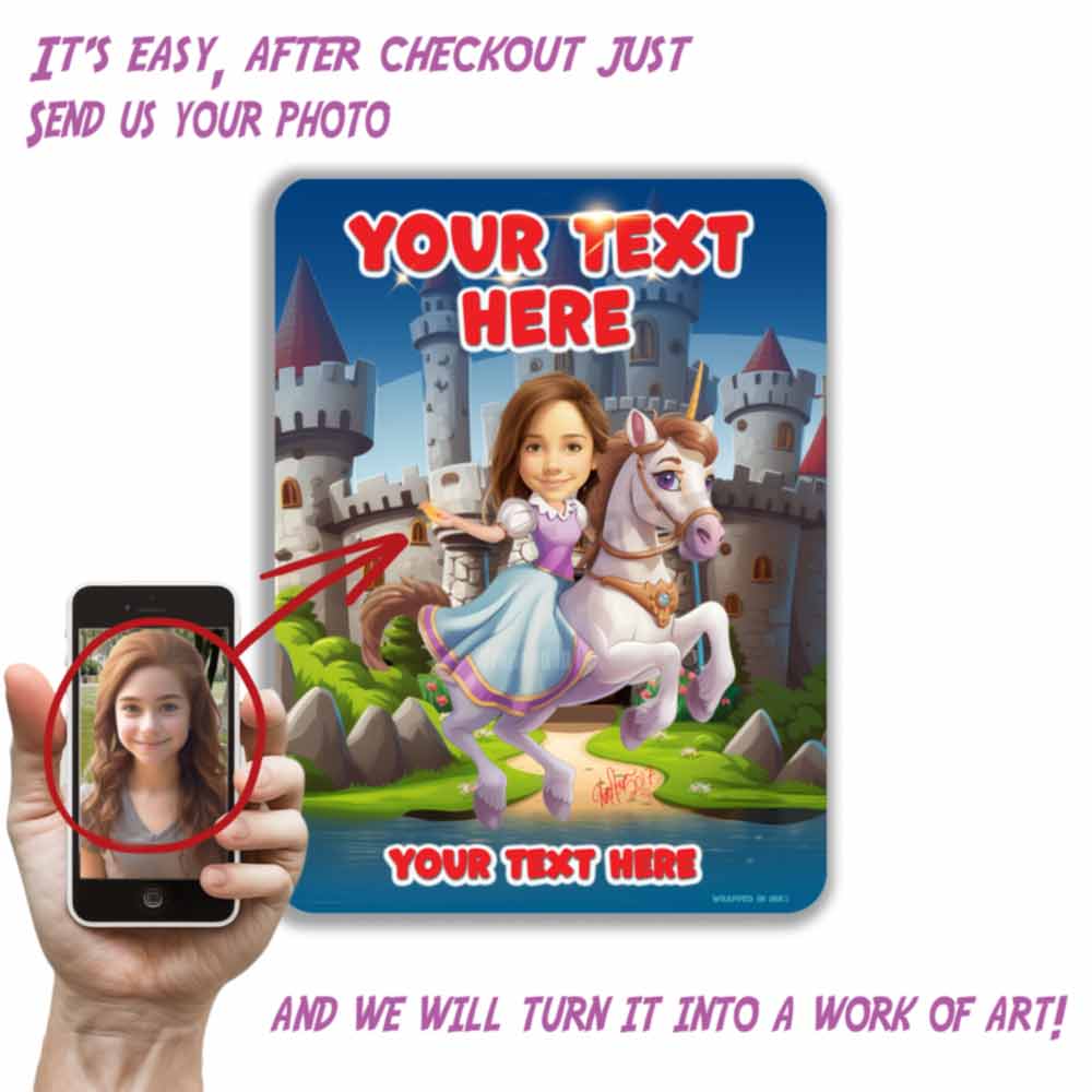Child Riding Unicorn Caricature Metal Sign Portrait from Photo