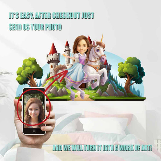 Girl Riding a Unicorn Cartoon From Photo Caricature Wall Murals