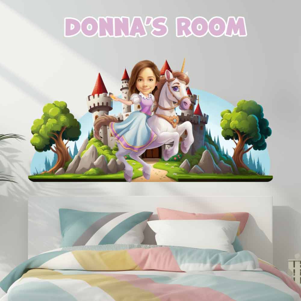 Girl Riding a Unicorn Cartoon From Photo Caricature Wall Murals