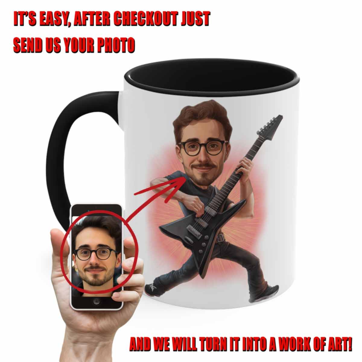 Guitarist Rockstar Coffee Mug Rock N Roll Band Caricature From Photo