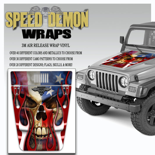 Flaming American Flag with Patriot Skull - Jeep Hood Wrap TJ 1996-2006