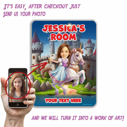 Jessicas Room Sign, Riding Unicorn Caricature Metal Sign Portrait from Photo