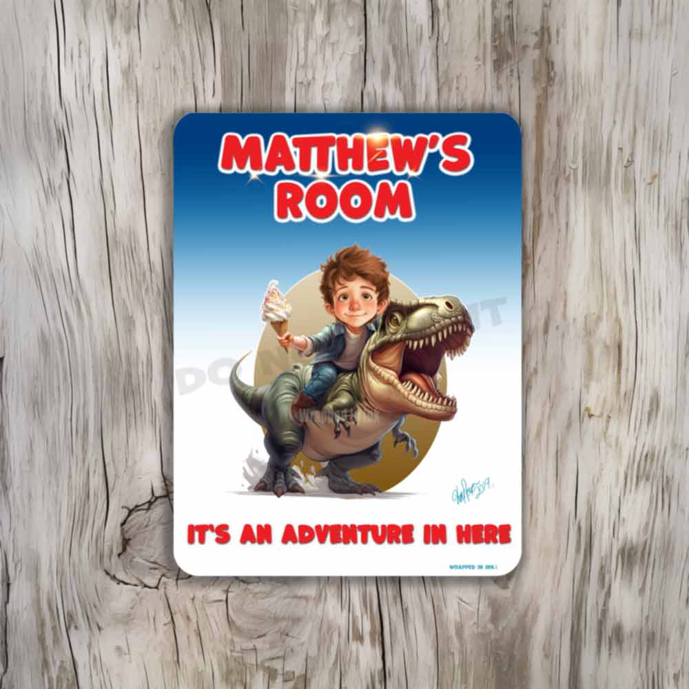 Child Bedroom Sign - Riding T-Rex Dinosaur Caricature Metal Sign Portrait from Photo