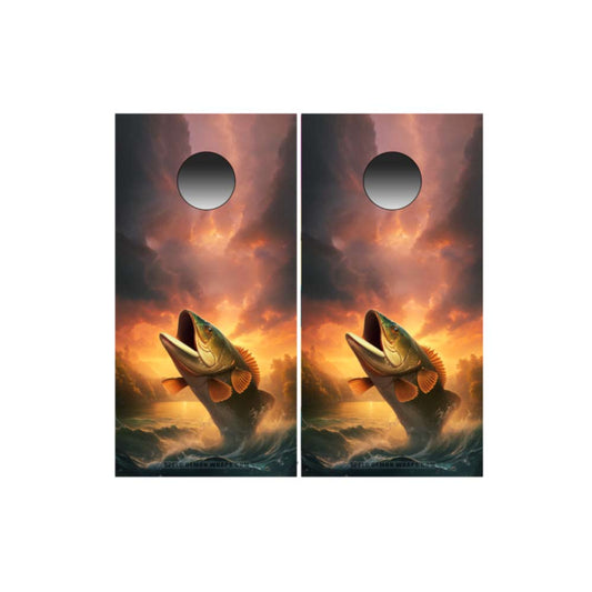 Largemouth Bass Sunset On The River Cornhole Wraps