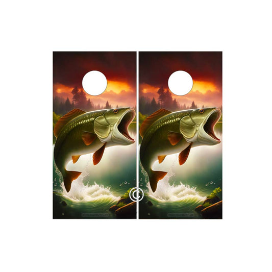 Largemouth Bass leaping and sunrise Cornhole Wraps