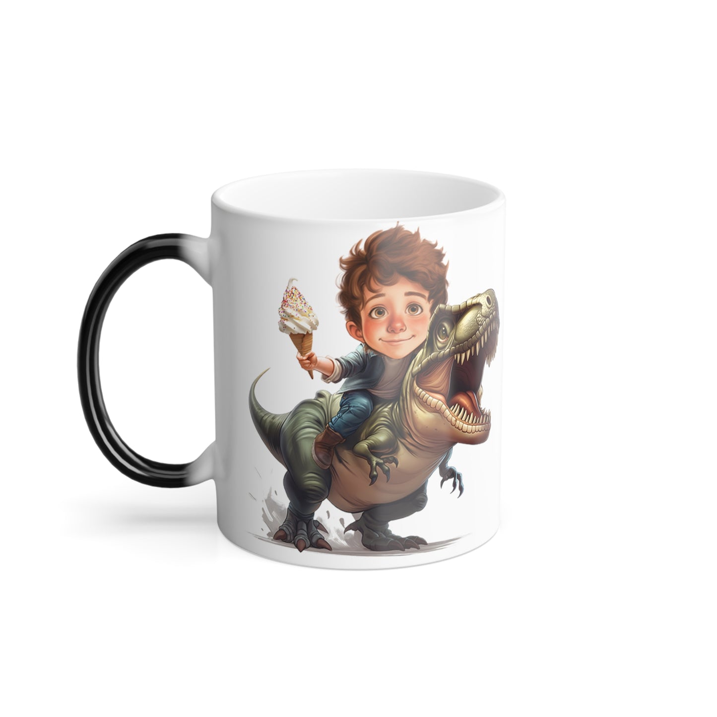 Child Riding a T Rex Custom Cartoon Caricature From Photo Personalized Magic Mug