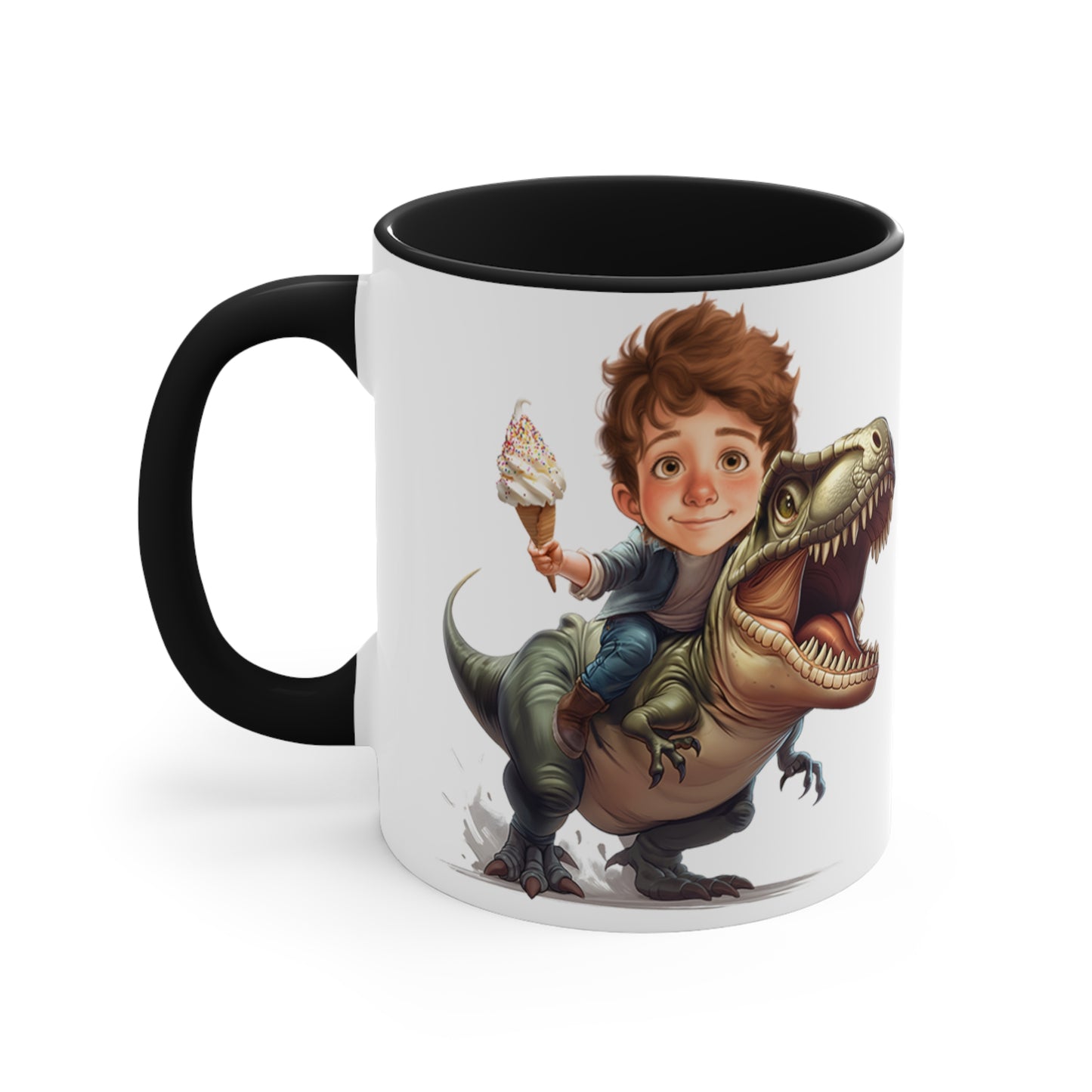 Child Riding a T Rex Coffee Mug Caricature From Photo