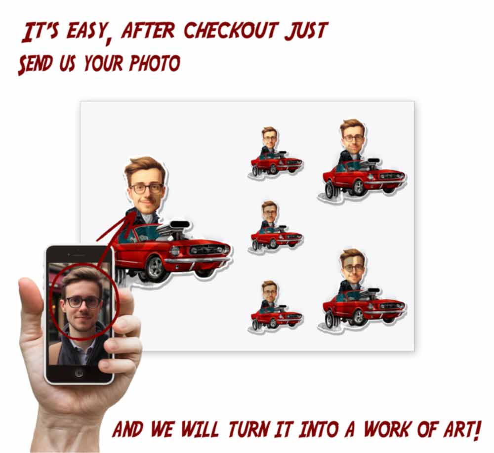 Personalized Mustang Car Caricature from Photo Muscle Car Sticker - 6 Pack