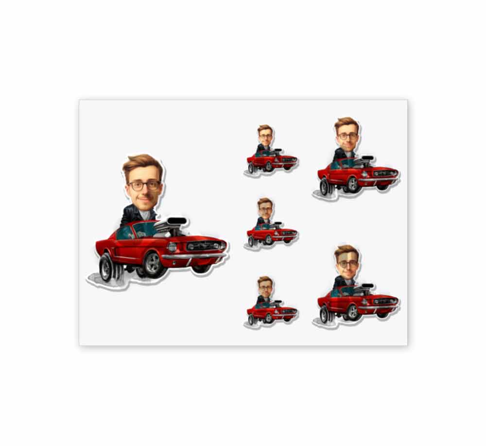 Personalized Mustang Car Caricature from Photo Muscle Car Sticker - 6 Pack
