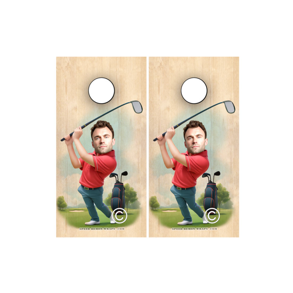 Personalized  Cornhole Wrap - Golfing Cartoon Caricature