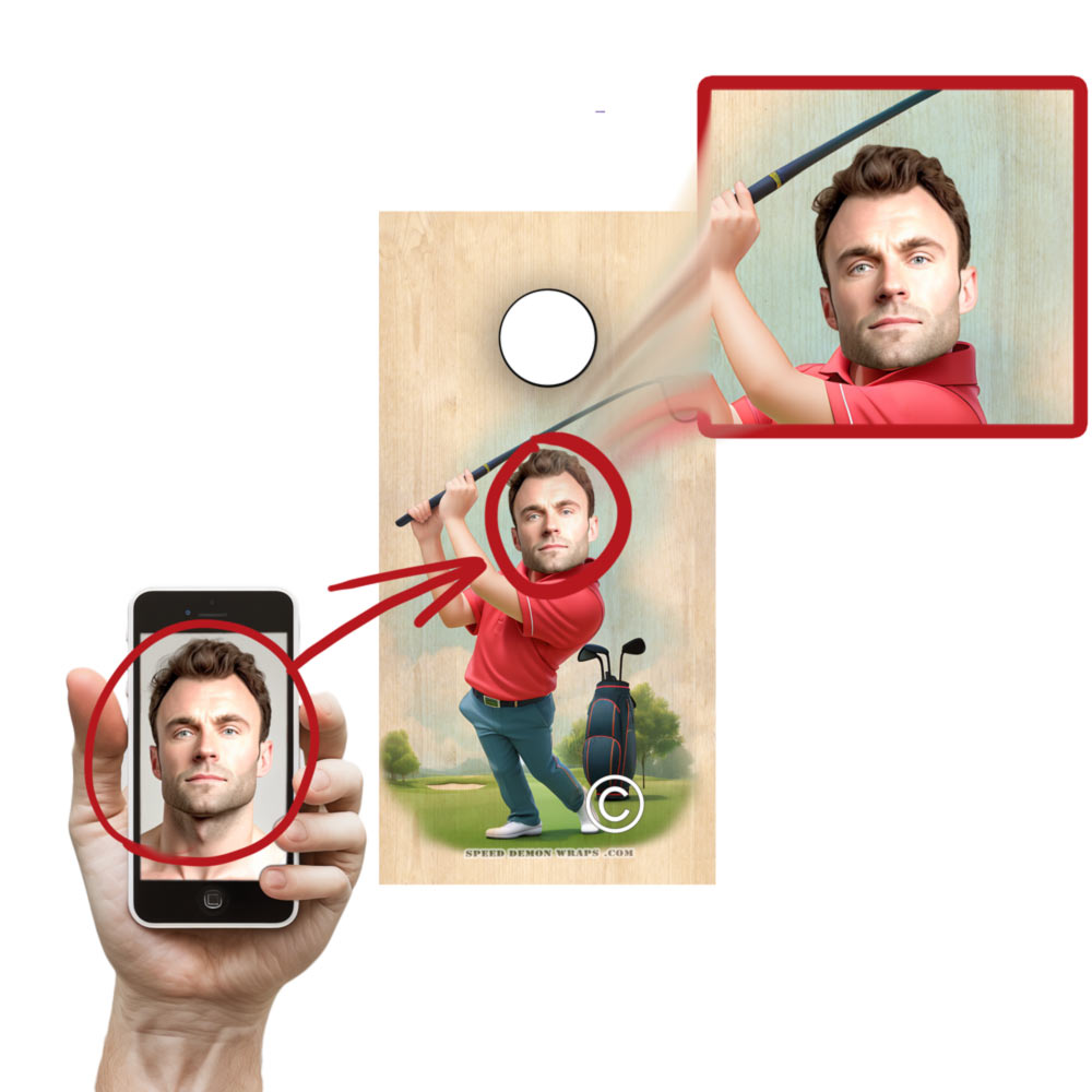 Cornhole Wrap - Golfing Caricature  From Photo