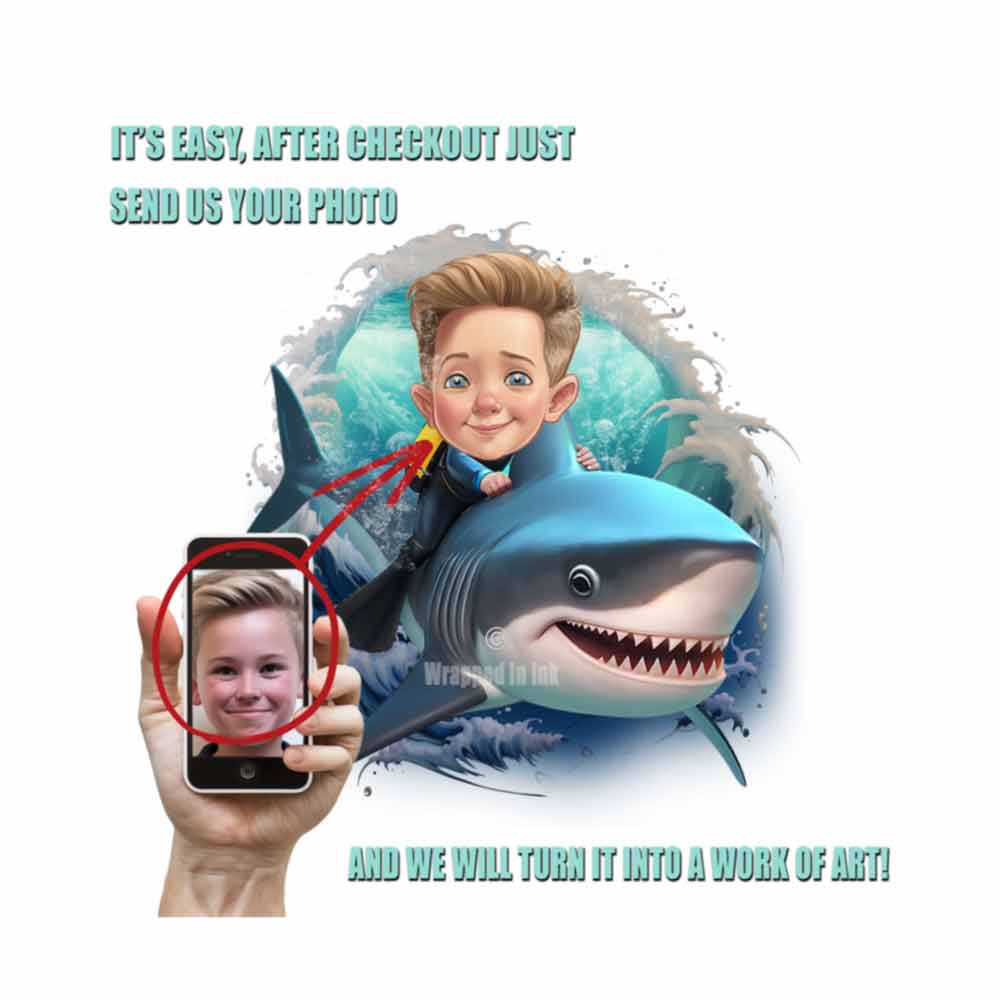 Child Riding a Shark Custom Cartoon Caricature From Photo Personalized