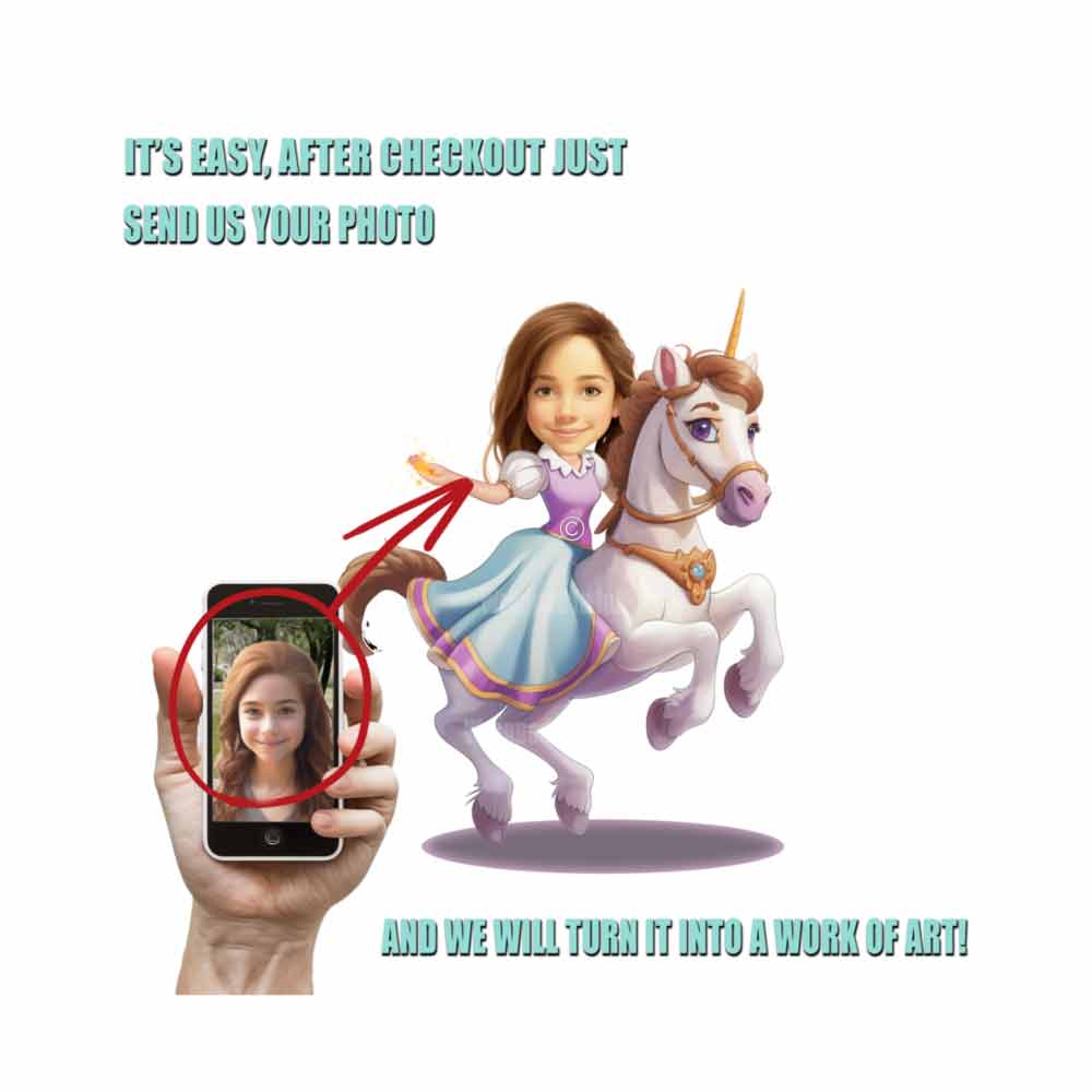 Girl Riding a Unicorn Cartoon From Photo Caricature Wall Murals