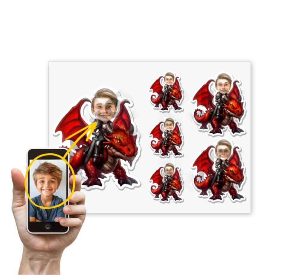 Personalized Child Riding a Red Dragon Caricature from Photo Sticker - 6 Pack