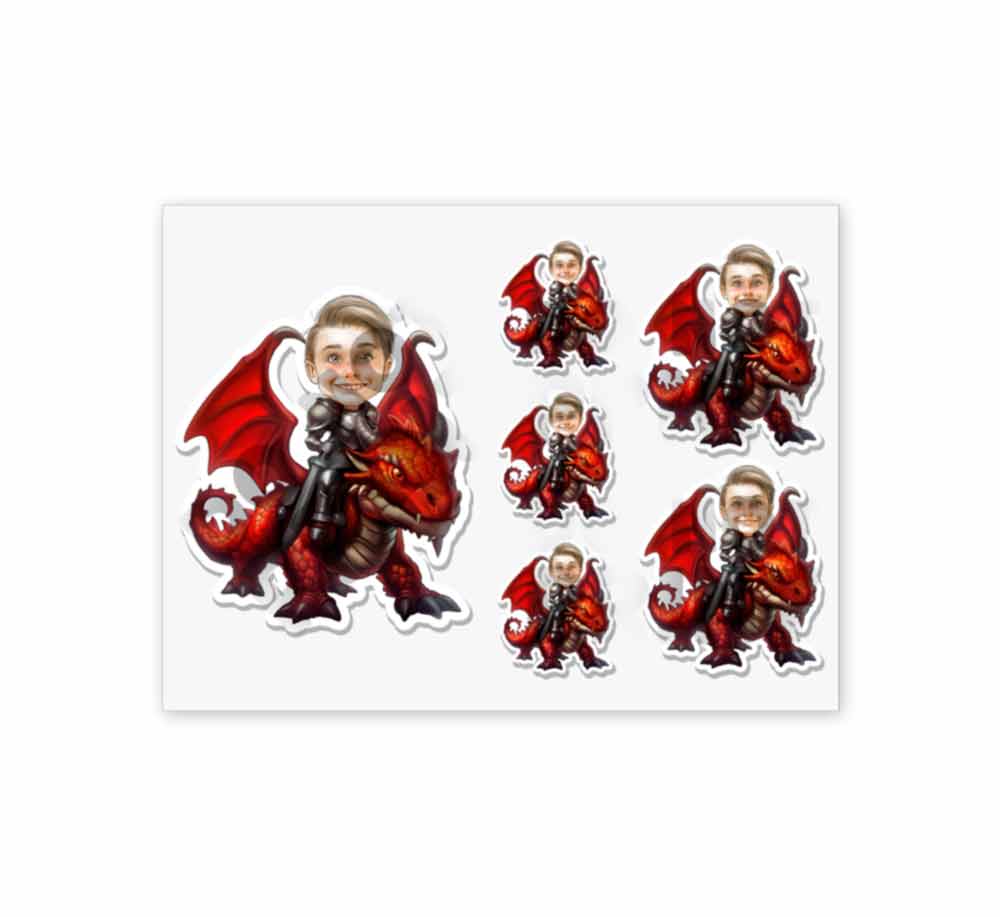 Personalized Child Riding a Red Dragon Caricature from Photo Sticker - 6 Pack