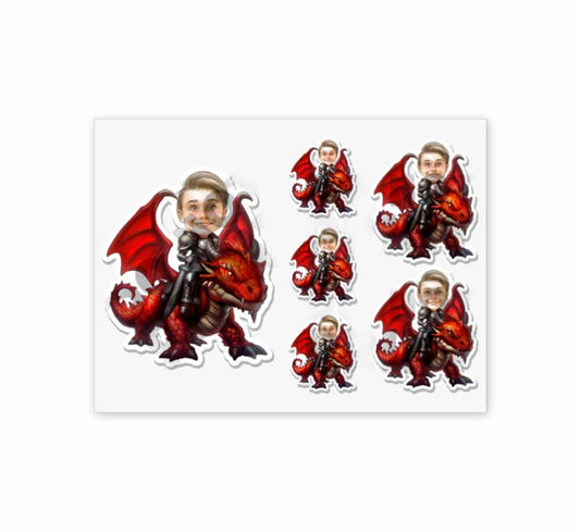Personalized Child Riding a Red Dragon Caricature from Photo Sticker - 6 Pack