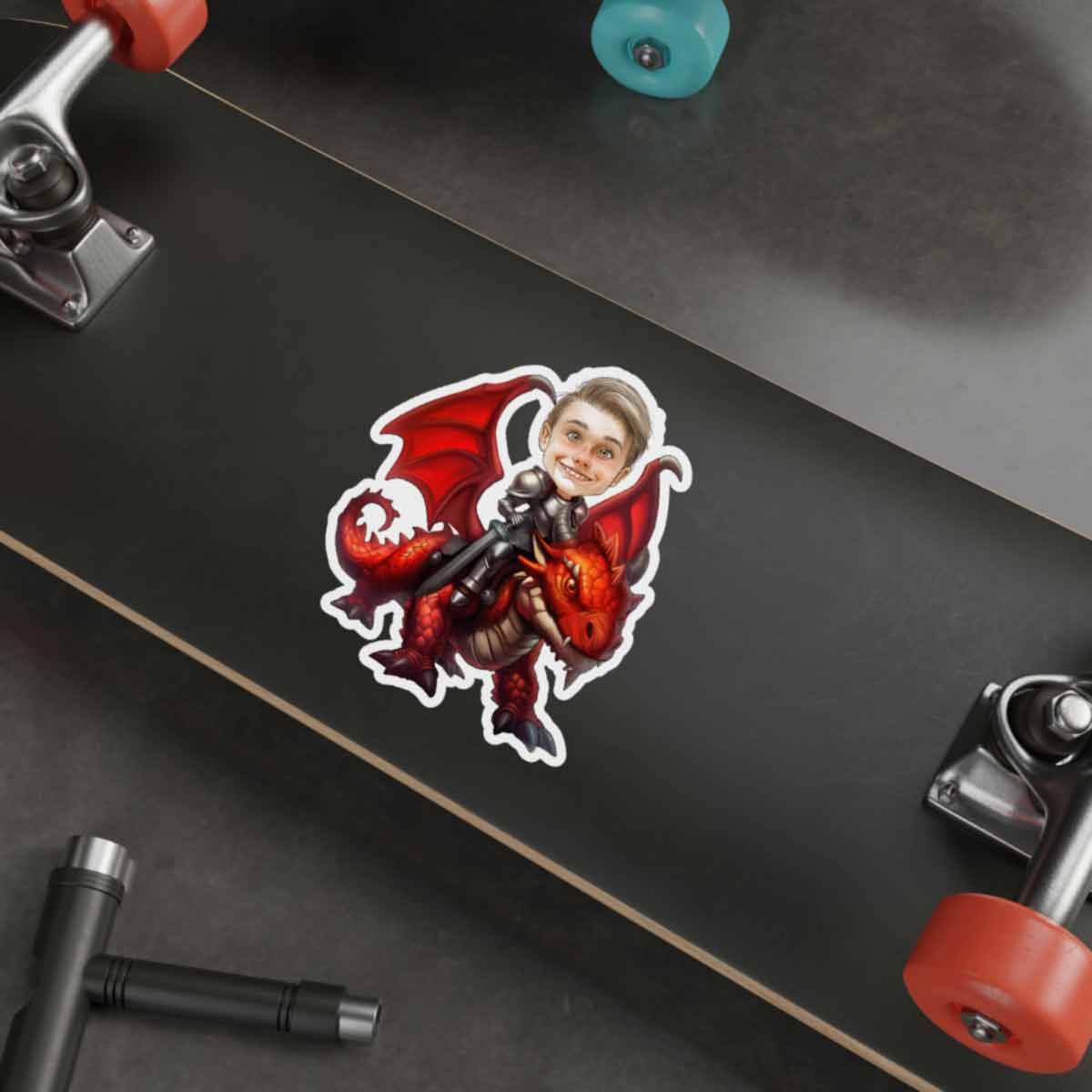 Personalized Child Riding a Red Dragon Caricature from Photo Sticker - 6 Pack