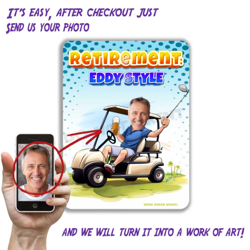 Retirement Golfing Caricature Metal Sign Blank Text