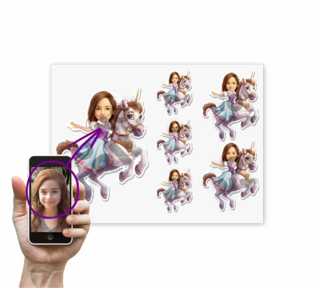 Personalized Child Riding a Unicorn Caricature from Photo Sticker - 6 Pack