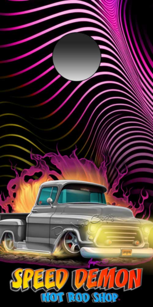 1957 Chevy Pick Up Hot Rod Cartoon Cornhole Wraps
